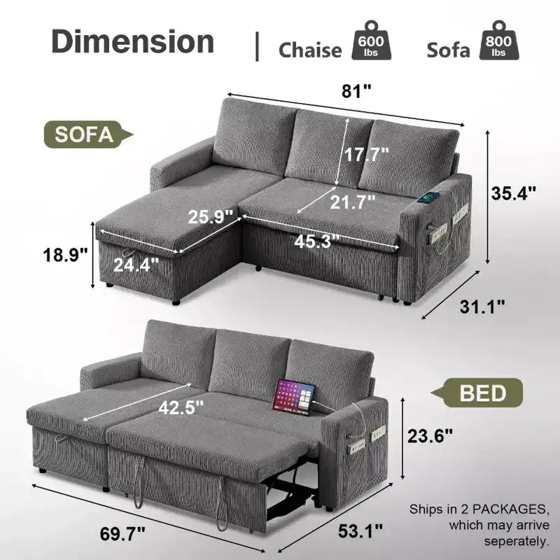 Divano Letto Estraibile 2 in 1 Dyonery con Chaise Longue Contenitore e USB, Divano Angolare in Velluto a Coste per Soggiorno