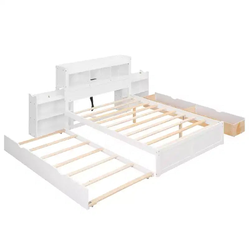 Letto matrimoniale con contenitore, rotelle estraibili, testiera libreria e stazione di ricarica, struttura letto in legno matrimoniale con mensole e cassetti