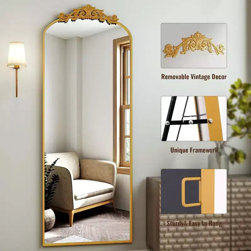 Specchio ad arco a figura intera 65x22 Specchio vintage in metallo stile barocco, oro antico
