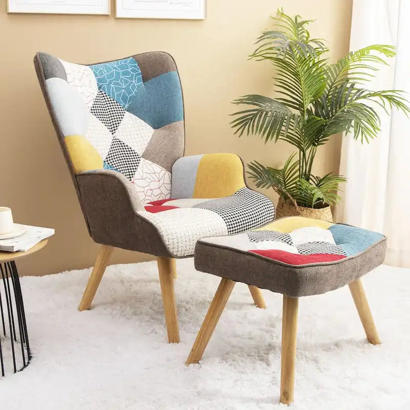 Poltrona con Pouf, Set Sedia e Ottomana per Soggiorno, Comoda Poltroncina Laterale per Camera da Letto, Superficie in Tessuto con Giunture Creative