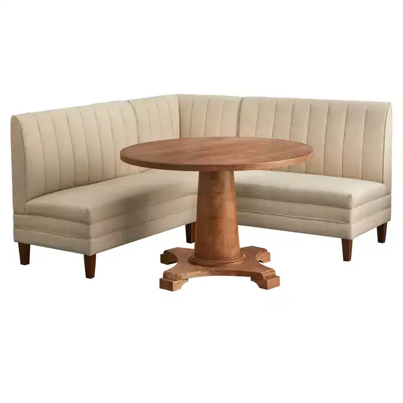 Lifestorey Set da Pranzo Banquette Kerrington con Schienale Canale, 4 Pezzi, Noce/Crema: Tessuto Effetto Lino, Tavolo con Piedistallo