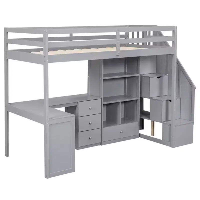 Letto a soppalco singolo con scrivania a L, 3 cassetti, armadio, contenitore per scale, struttura in pino massiccio/MDF