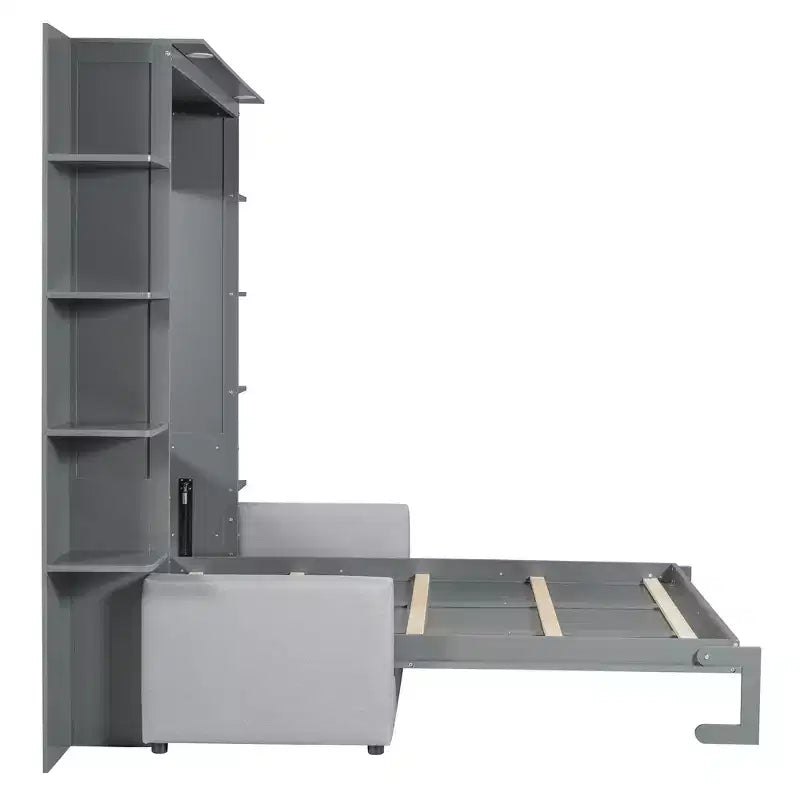 Letto a scomparsa Queen Murphy con divano, letto a scomparsa Queen Size con armadio, letto a parete pieghevole con libreria e mensole per camera degli ospiti o ufficio