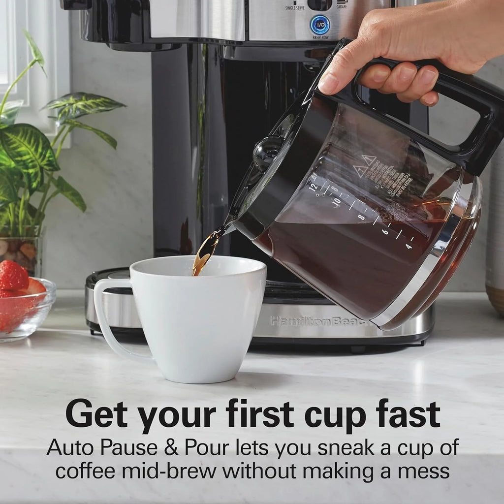 Caffettiera 2 in 1 da 12 tazze con caraffa in vetro e funzione erogazione singola, Pausa e Servi automatico, Nera