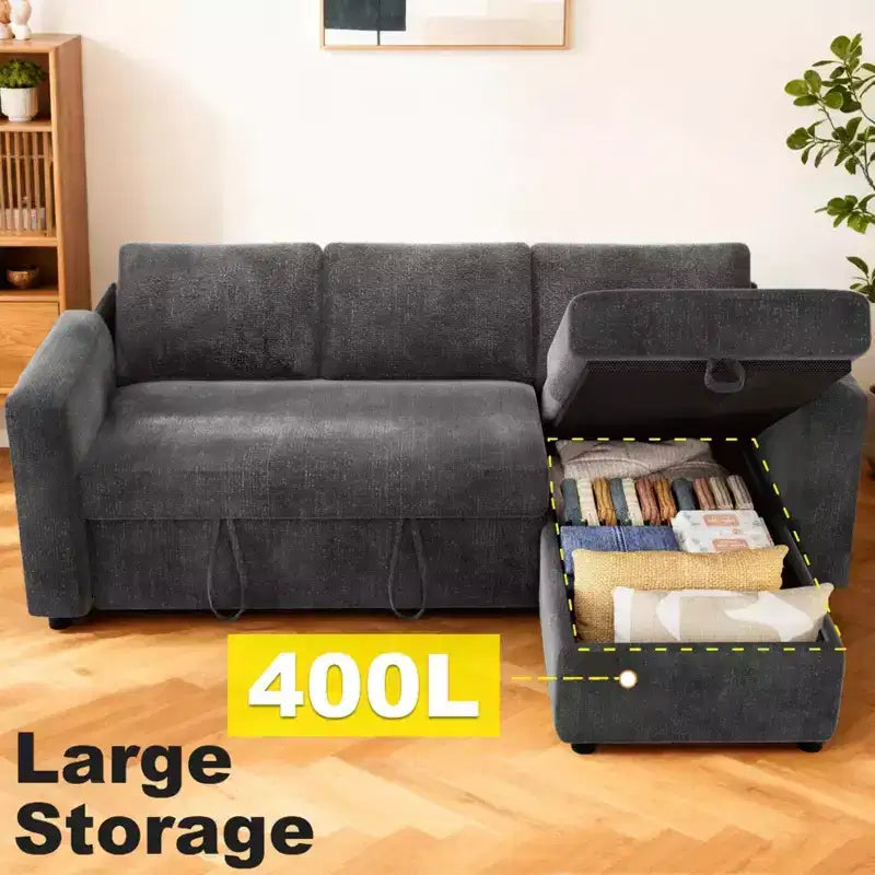 Divano Letto Estraibile 2 in 1 con Chaise Longue Contenitore, Divano Componibile in Ciniglia con Porte USB per Soggiorno