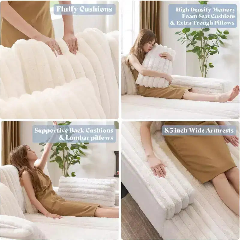 AMERLIFE 93 Divano a due posti con chaise longue doppia, Divano profondo "Cloud" con cuscini lombari e braccioli larghi, Facile da montare, Pelliccia sintetica