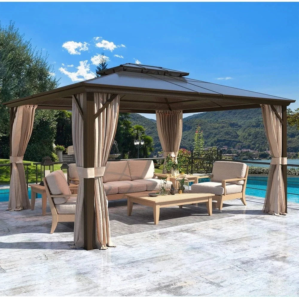 EROMMY Gazebo a tetto rigido, Pergola da esterno con doppio tetto, zanzariere e tende, Tenda da sole resistente per patio, cortile, feste in piscina