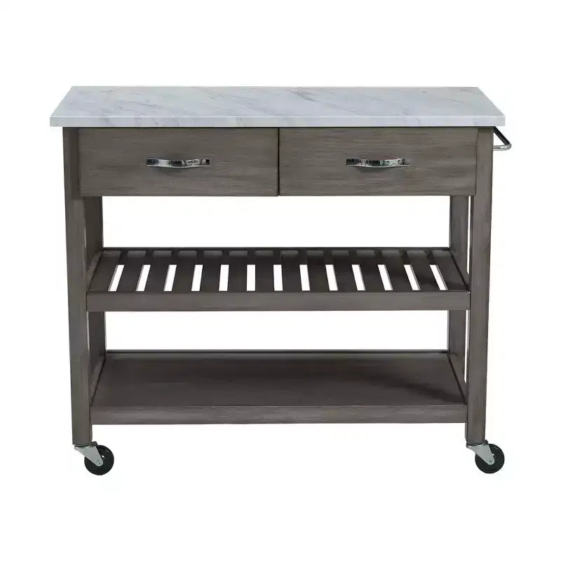 Carrello da Cucina su Ruote con Piano in Marmo, Isola da Cucina in Legno Massello con 2 Cassetti, Carrello da Cucina a 3 Livelli con Ruote Staccabili Bloccabili e Portasciugamani
