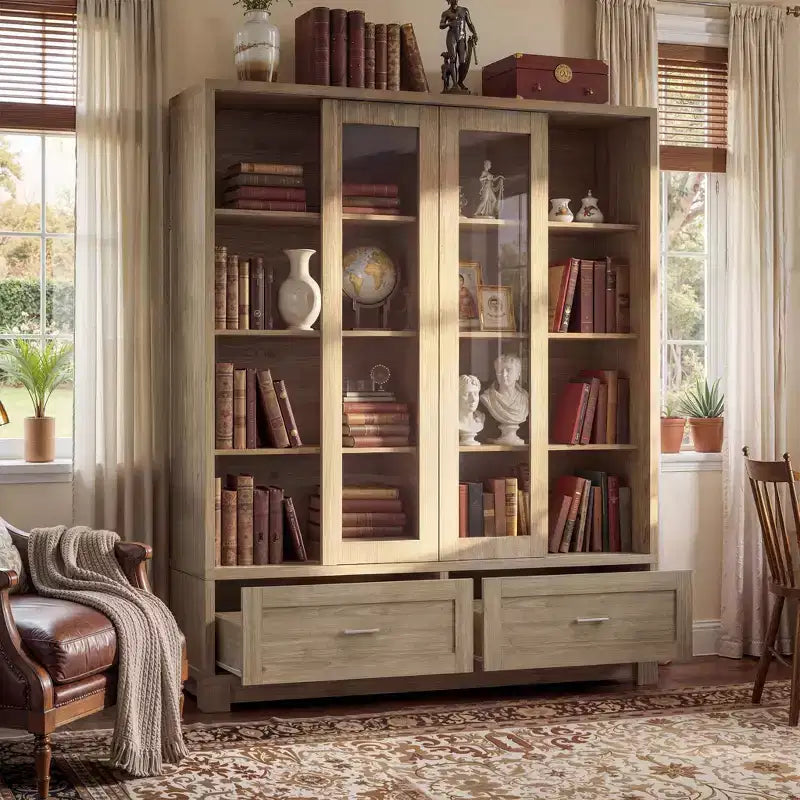 Libreria espositiva Famapy in rovere chiaro: 63W, ante scorrevoli in vetro + cassetto. Ampio organizer per biblioteche domestiche e soggiorni
