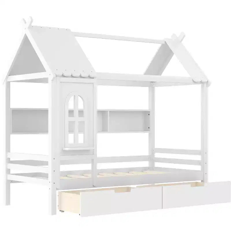 Letto a piattaforma a forma di casa con cassetti contenitori e finestra, struttura in legno massello con mensole, design giocoso per bambini, bianco chiaro