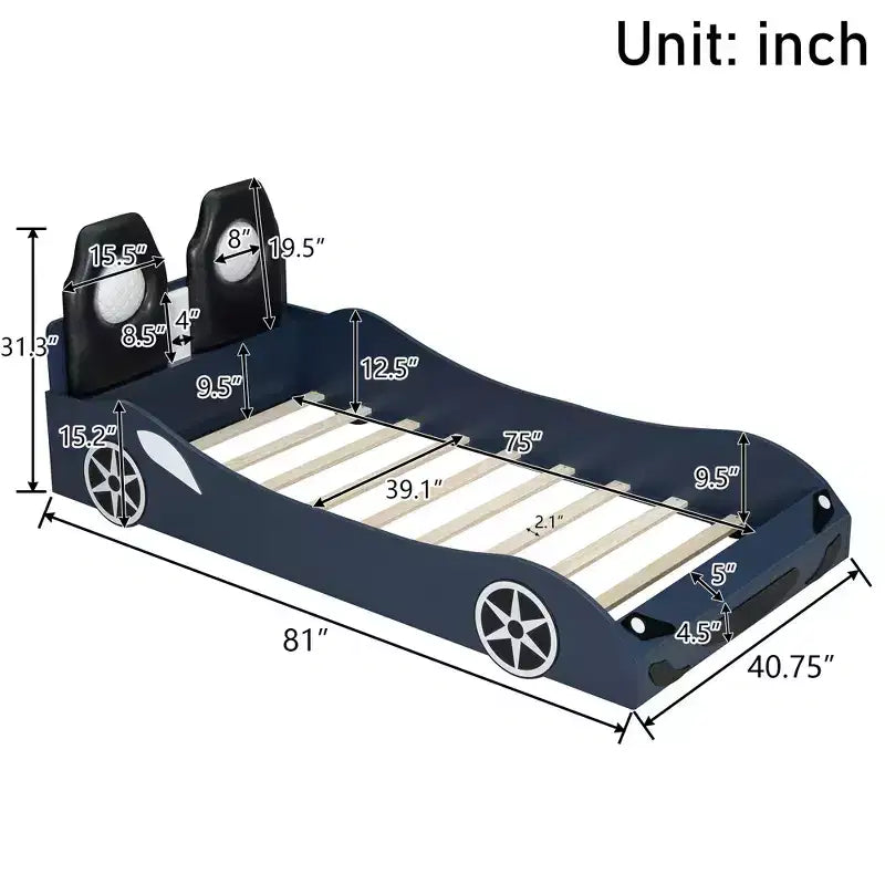 Letto a piattaforma a forma di auto da corsa Whisen Wood, formato singolo, con LED e schienale imbottito
