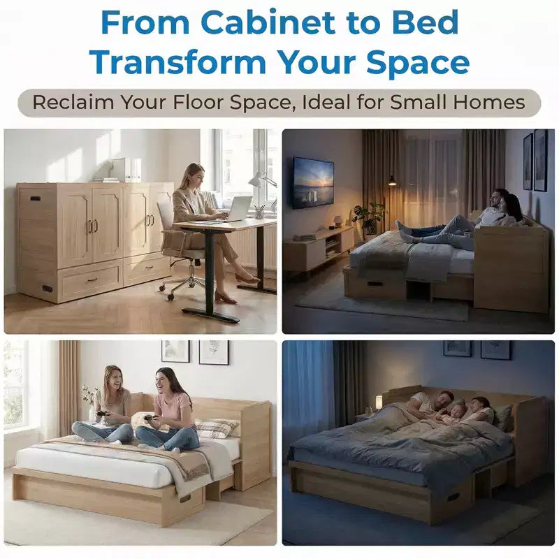 Mjkone Letto a Scomparsa Convertibile Matrimoniale Queen Size con Ricarica USB, Cassetti Contenitori, Materasso Escluso
