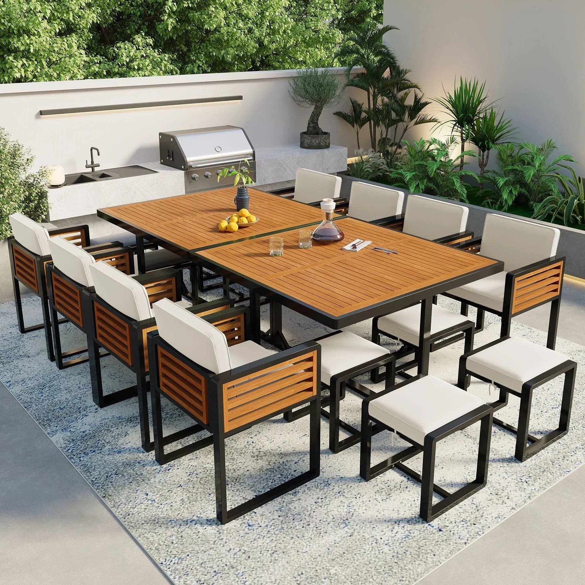 Set da pranzo da esterno in legno di acacia da 18 pezzi, 8 sedie imbottite e 8 pouf e 2 tavoli quadrati
