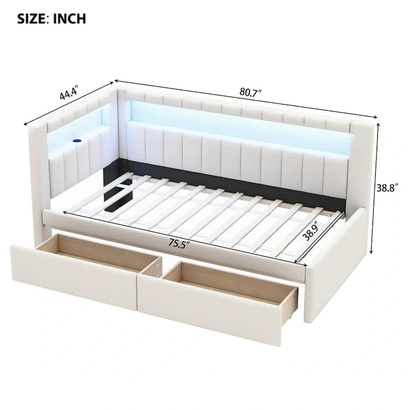 Letto imbottito a piattaforma con porte USB e illuminazione a LED - Struttura letto matrimoniale/singola con 2 cassetti portaoggetti - Camera da letto moderna