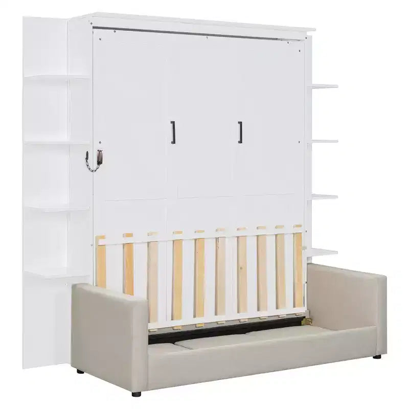 Letto a scomparsa Queen Murphy con divano, letto a scomparsa Queen Size con armadio, letto a parete pieghevole con libreria e mensole per camera degli ospiti o ufficio