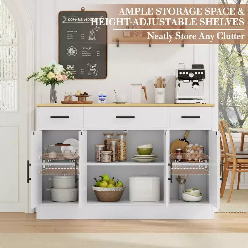 Mobile Buffet Celebalcony con Contenitore, Grande Mobile Contenitore da Cucina da 53,4 pollici con 3 Cassetti e 4 Ante, Ripiano Regolabile per Cucina, Soggiorno