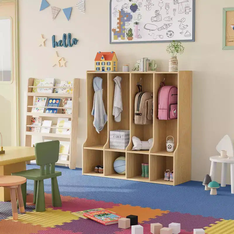Mobiletto/armadietto a 4 scomparti marrone/bianco con 8 ganci, per bambini