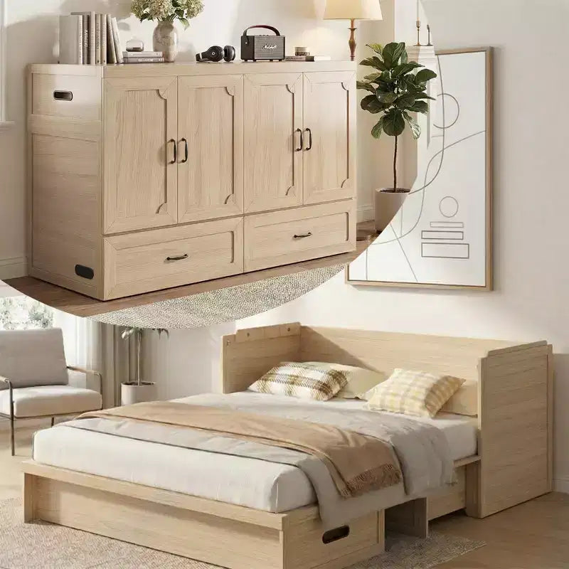 Mjkone Letto a Scomparsa Convertibile Matrimoniale Queen Size con Ricarica USB, Cassetti Contenitori, Materasso Escluso