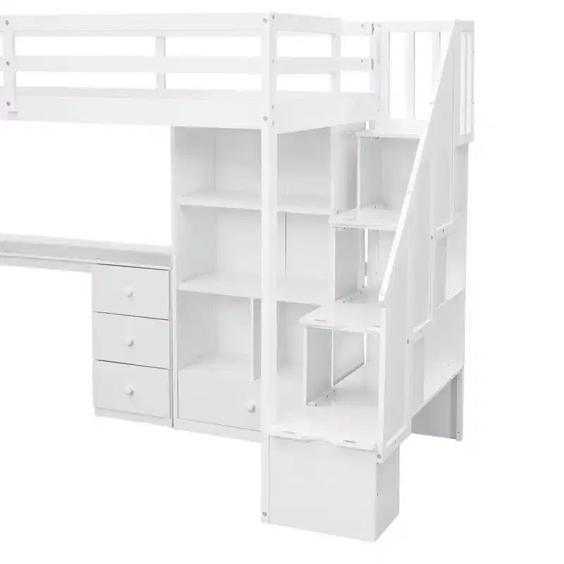 Letto a soppalco singolo con scrivania a L, 3 cassetti, armadio, contenitore per scale, struttura in pino massiccio/MDF