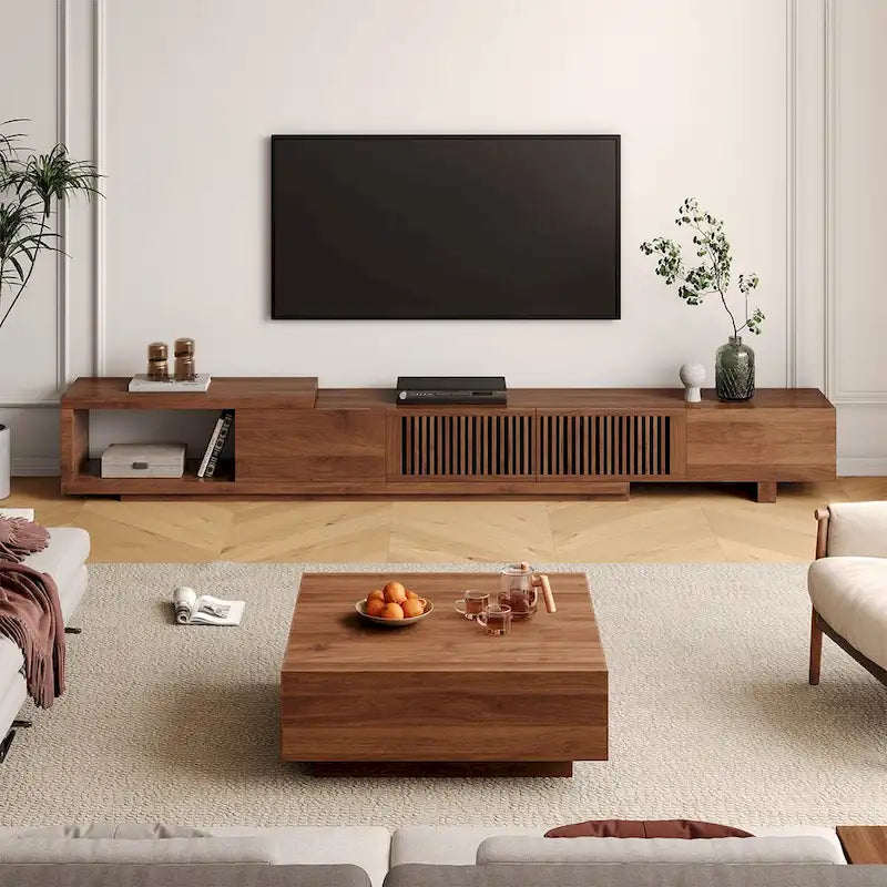 Mobile TV moderno allungabile e retrattile con 4 cassetti, fino a 261 cm - 78,54P x 15,74L x 13,78A