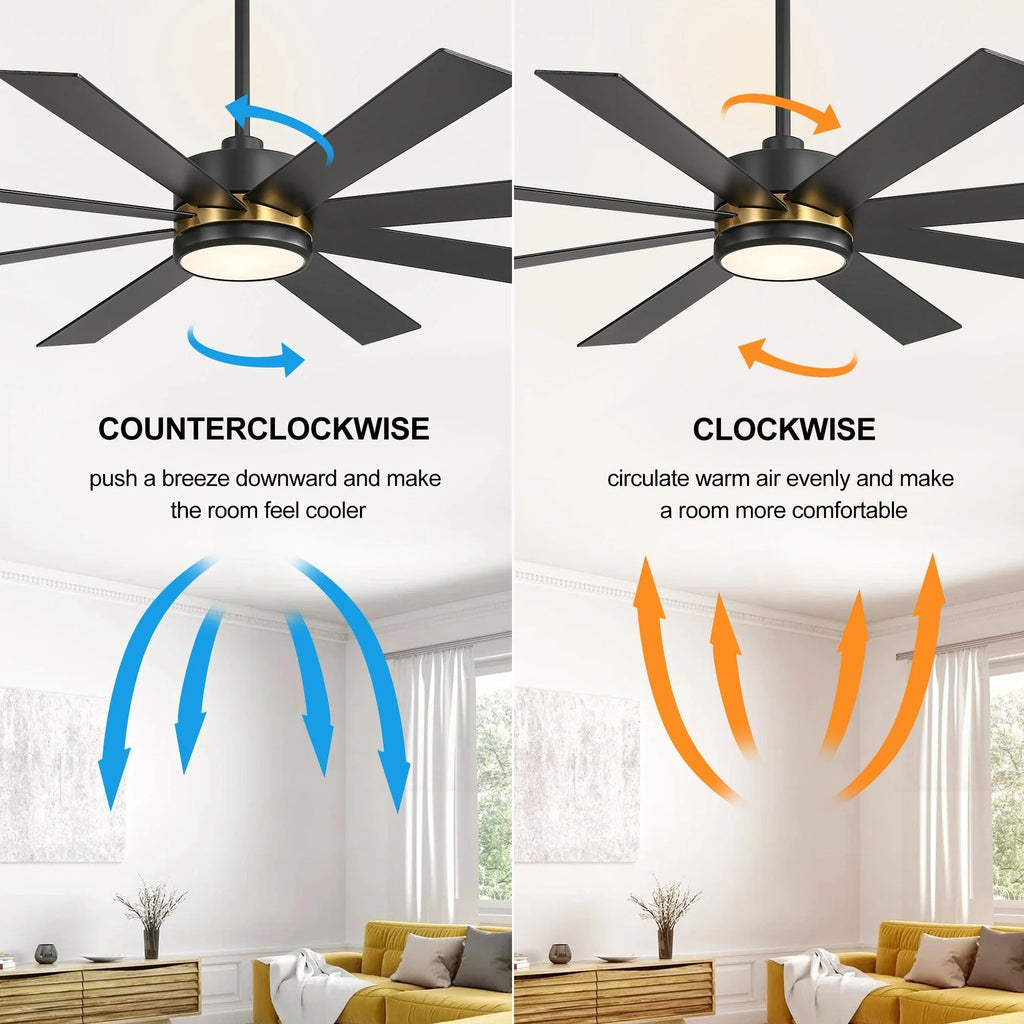 Ventilatore da soffitto nero da 65 pollici a 8 pale con luce LED e telecomando