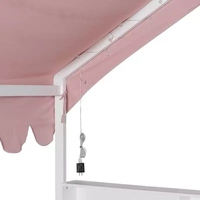 Whisen Letto a terra in legno a grandezza naturale, divano letto a forma di casetta con recinzione, 3 mensole portaoggetti, tenda