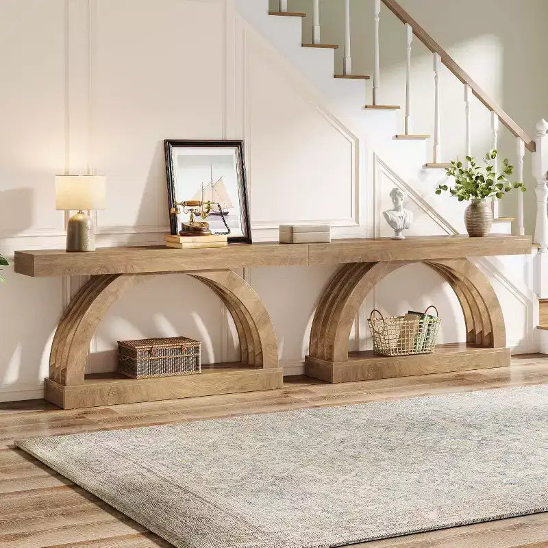 Consolle da ingresso Lantine da 63 pollici, tavolino a 2 ripiani dietro il divano, consolle ad arco stretta unica in stile rustico per corridoio, soggiorno, atrio, naturale