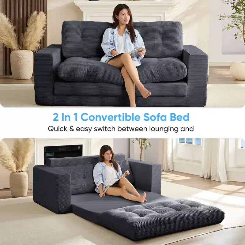 Mjkone Divano letto futon convertibile 2 in 1 da 180 cm, in tessuto a coste, pieghevole, con bottoni trapuntati, divanetto salvaspazio