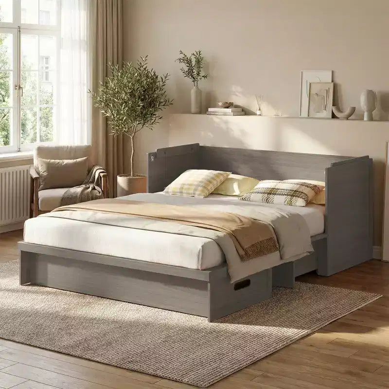Letto a scomparsa matrimoniale Mjkone con materasso, ricarica USB, cassetti portaoggetti