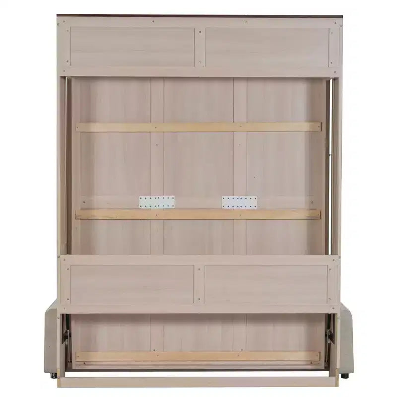 Letto a scomparsa Queen Size con divano, letto a scomparsa in legno Queen con luce LED, letto a cassapanca pieghevole con per camera degli ospiti, Beige