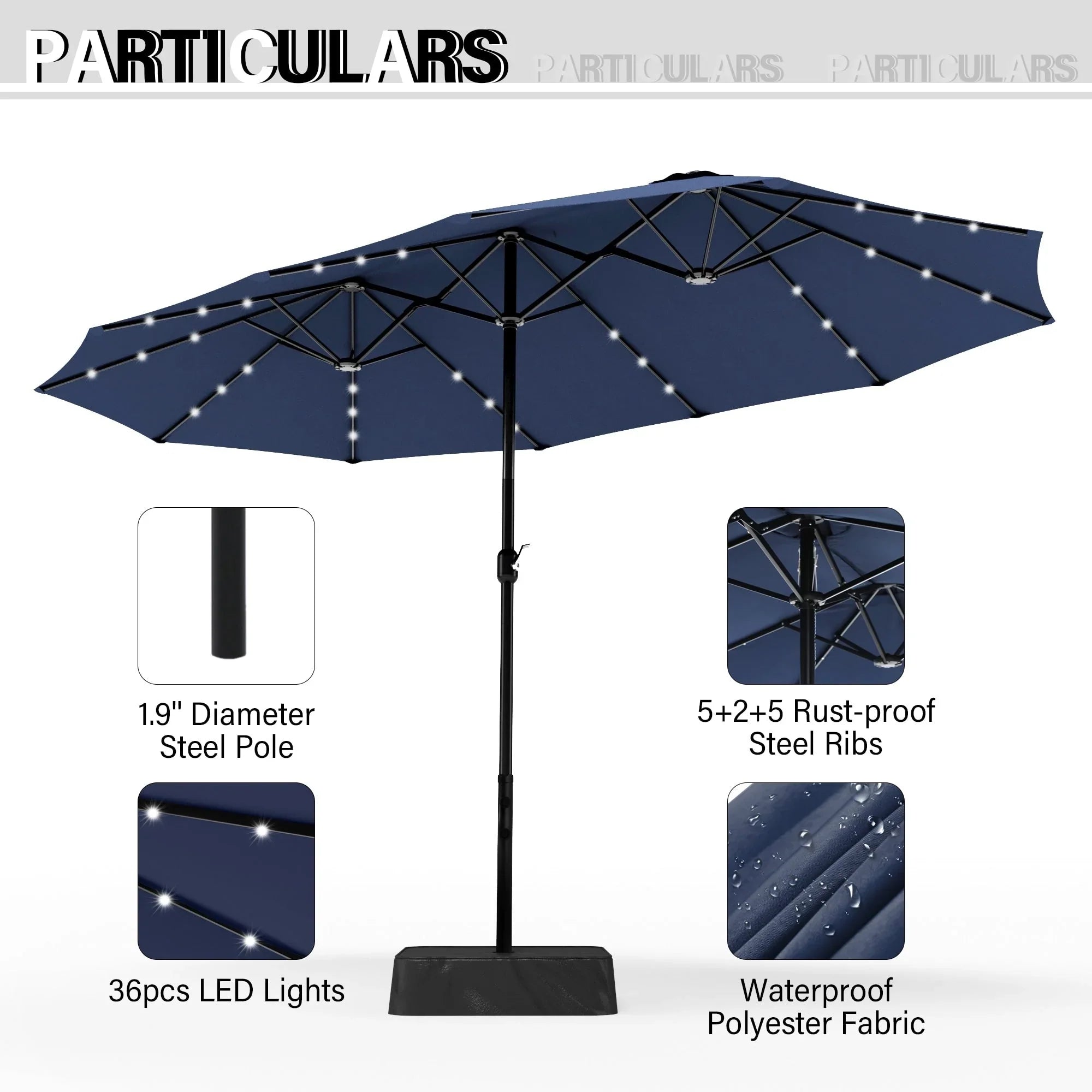 MAISON ARTS Ombrellone rettangolare da esterno a manovella con doppia falda da 4,5 metri, con luci a LED solari e base inclusa