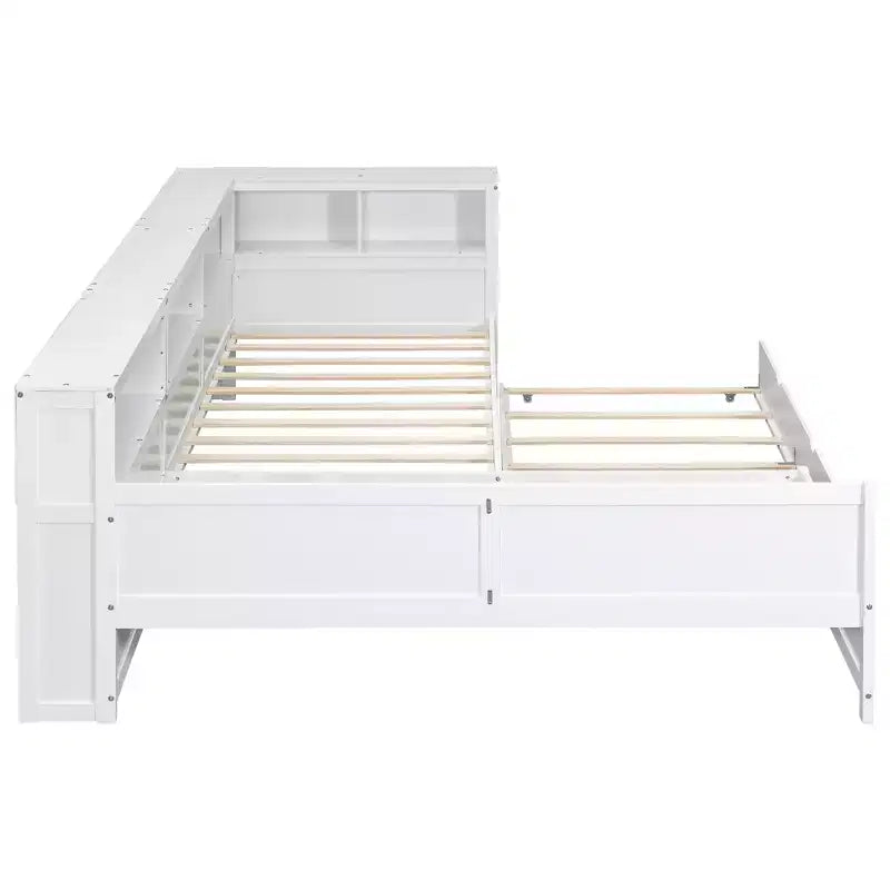 Lit plateforme en L de taille double avec lit gigogne et station de recharge, cadre de lit en bois avec étagère