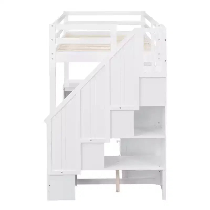 Letto a soppalco singolo con scrivania a L, 3 cassetti, armadio, contenitore per scale, struttura in pino massiccio/MDF