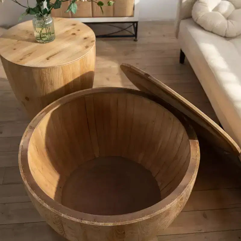Tavolino contenitore rotondo retrò, in legno, adatto per soggiorno, sala da pranzo o ufficio.