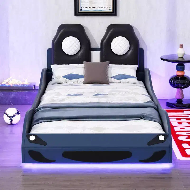 Letto a piattaforma a forma di auto da corsa Whisen Wood, formato singolo, con LED e schienale imbottito