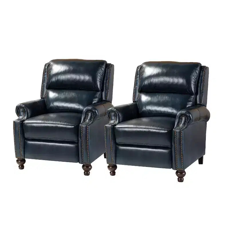 Ensemble de 2 fauteuils inclinables modernes en cuir véritable Elisabete avec garniture cloutée vintage pour salon et chambre à coucher | ART OF LIVING DESIGNS