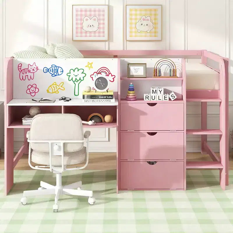 Letto a soppalco basso rosa/bianco con scrivania, contenitore e lavagna bianca – Singolo, 1 persona