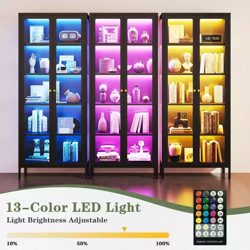 Bekrvio Vetrina in vetro a 3 lati 67H con luci a LED, 5 ripiani con doppia anta e struttura in metallo per oggetti da collezione, ideale per piccoli spazi