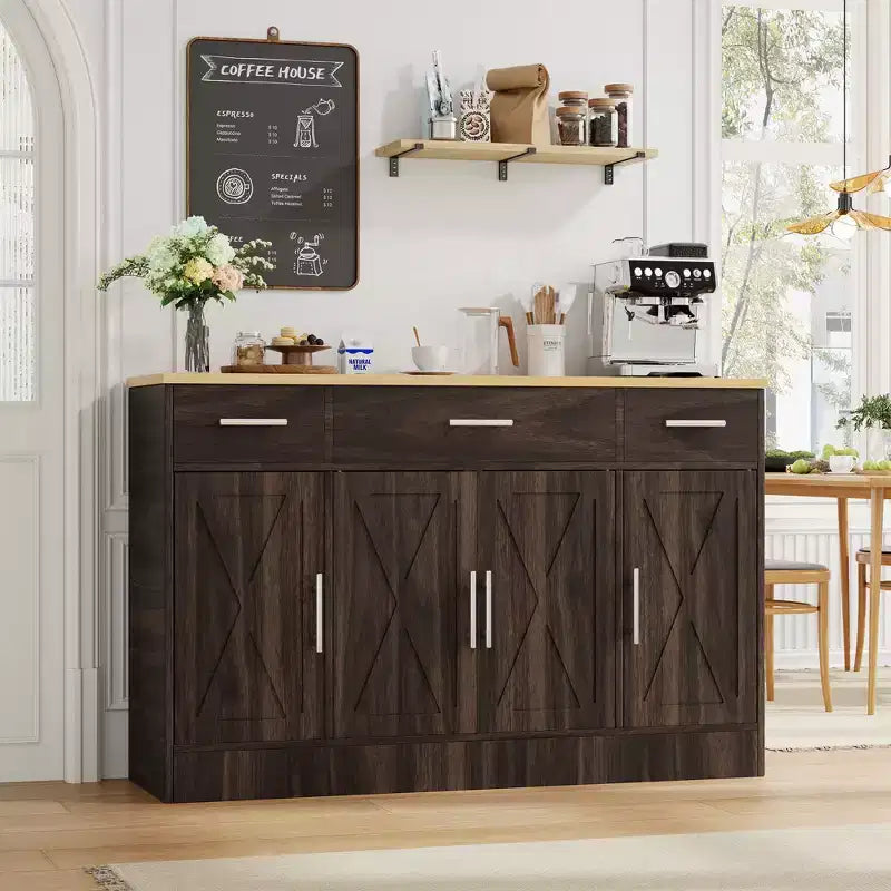 Mobile Buffet Celebalcony con Contenitore, Grande Mobile Contenitore da Cucina da 53,4 pollici con 3 Cassetti e 4 Ante, Ripiano Regolabile per Cucina, Soggiorno