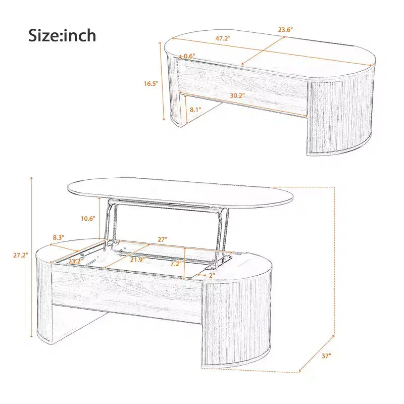 Tavolino da caffè con piano sollevabile 47,2" con scomparto nascosto, ovale, marrone