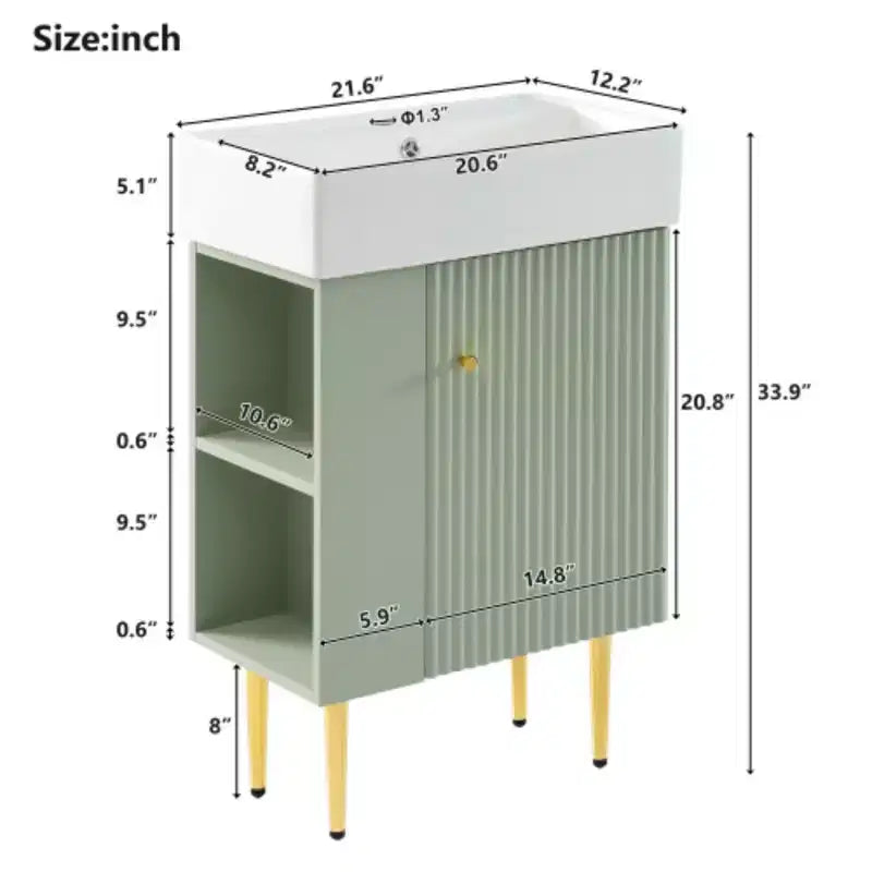 21.6 Mobile da bagno bianco, Mobile combinato, Armadietto contenitore per bagno, Lavabo singolo in ceramica, Vano contenitore a sinistra