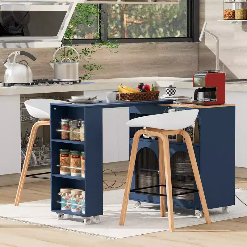 Isola da Cucina con Ruote e 2 Ante in Vetro, Carrello da Cucina con Tavolo Estensibile e Prese di Corrente, Isola da Cucina con Ripiani Laterali Aperti