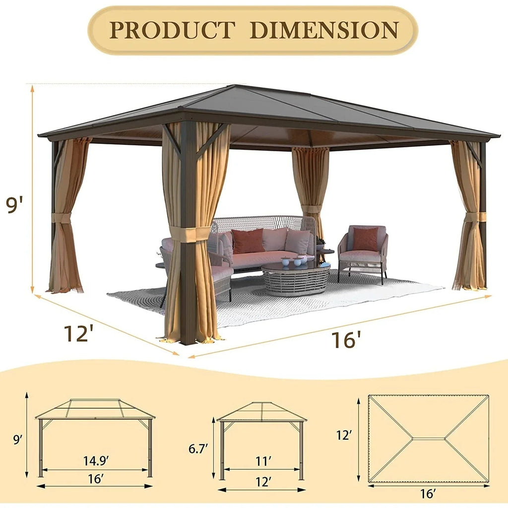 EROMMY Gazebo a tetto rigido, Pergola da esterno con doppio tetto, zanzariere e tende, Tenda da sole resistente per patio, cortile, feste in piscina