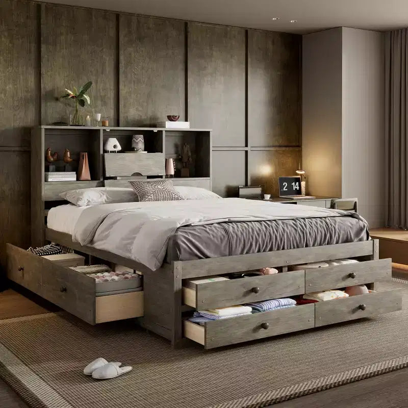 Letto a piattaforma Queen Size con ripiano portaoggetti e 8 cassetti, facile da montare