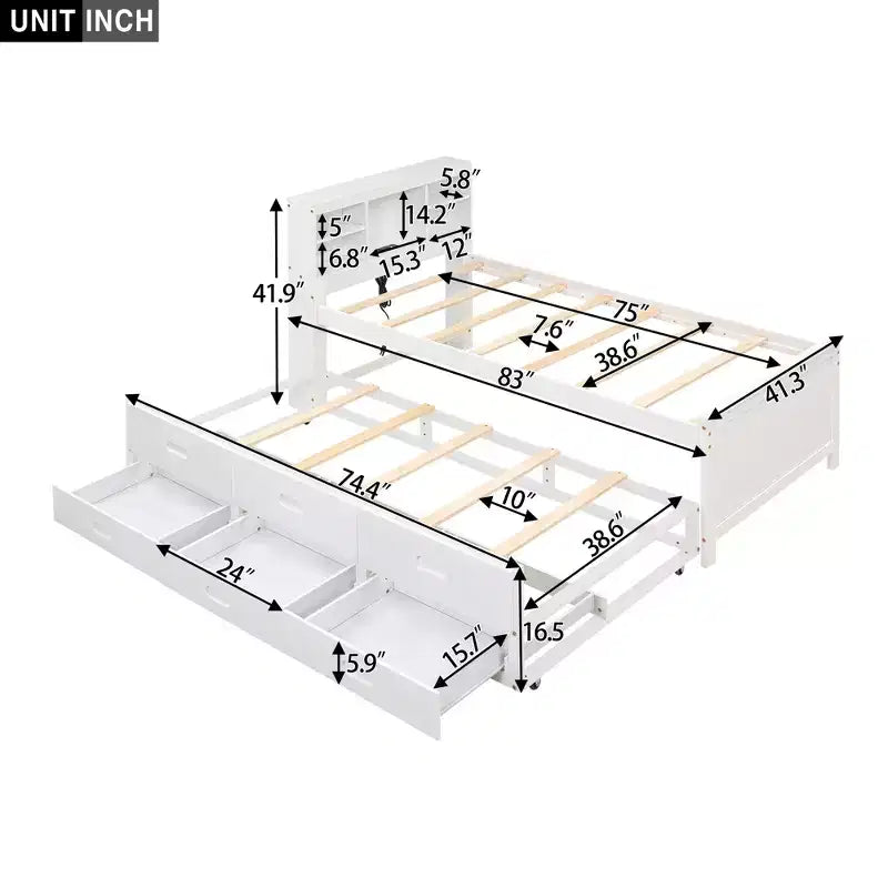 Letto a piattaforma con letto estraibile e cassetti, Letto a piattaforma contenitore con USB, Letto a piattaforma in legno con libreria