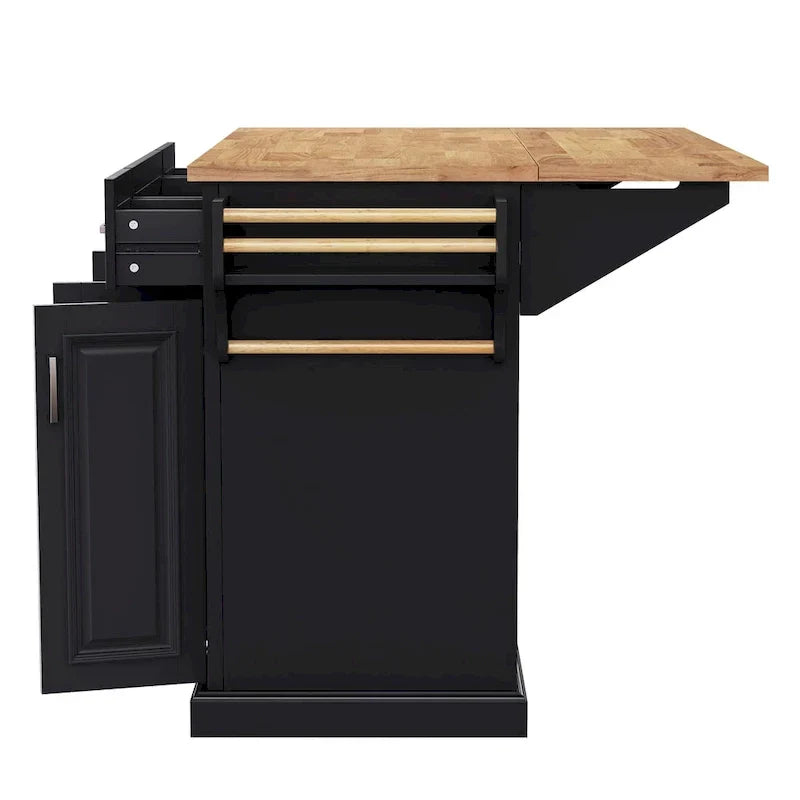 54 - Grande isola cucina con anta a ribalta in legno di gomma, carrello da cucina scorrevole con texture in rilievo su 4 ruote con 4 ante e 3 cassetti