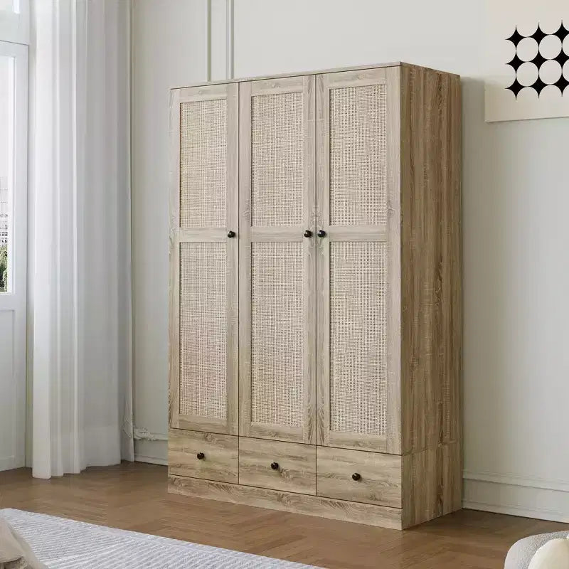 Famapy Armadio in Rattan con 3 Cassetti, Armadio con 3 Ante Traspiranti in Rattan, Armadio Alto in Stile Rustico per Camera da Letto