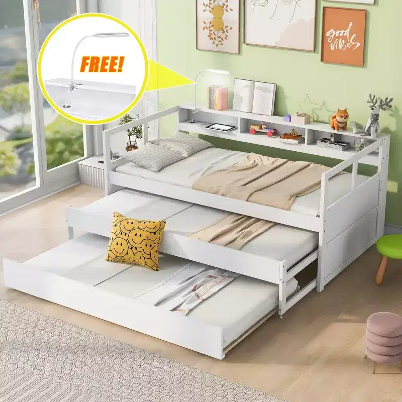 Whisen Twin XL Daybed in Legno con 2 Letti Estraibili, 3 Vani portaoggetti, 1 Luce Gratuita e USB per la Ricarica
