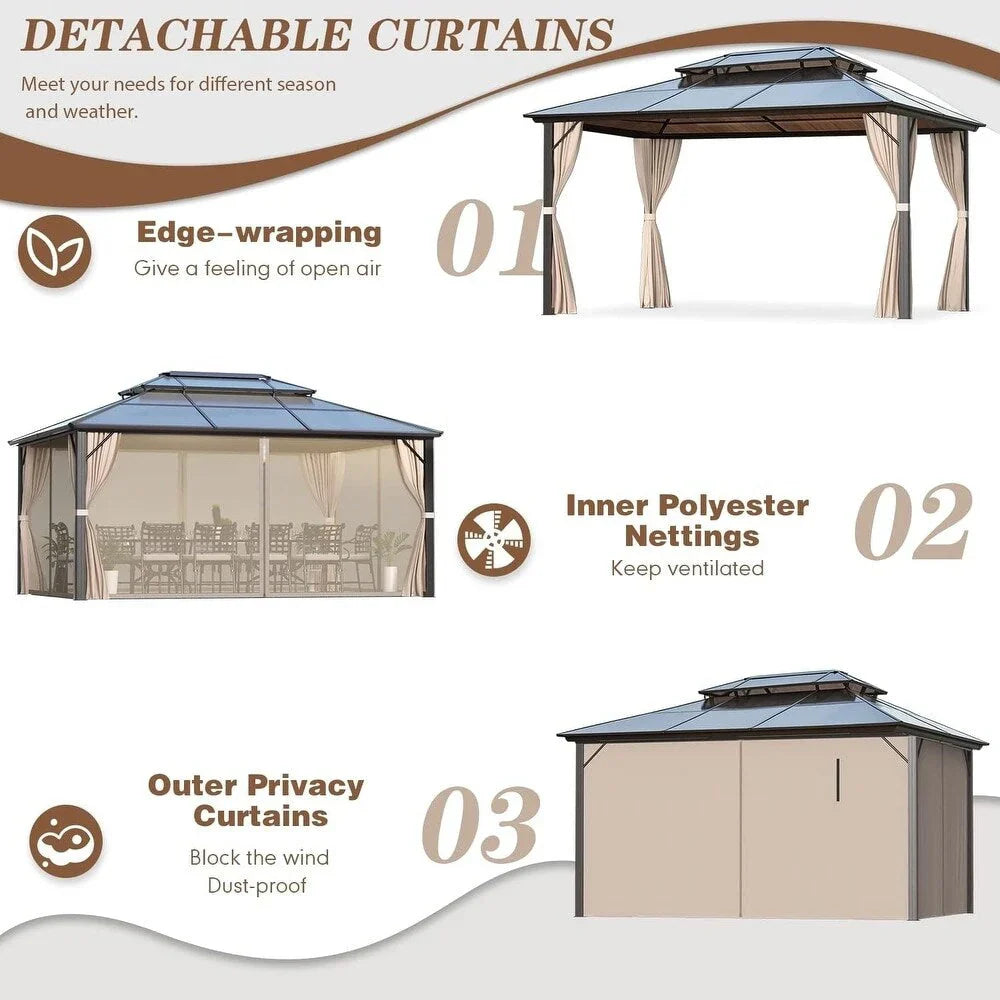 EROMMY Gazebo a tetto rigido, Pergola da esterno con doppio tetto, zanzariere e tende, Tenda da sole resistente per patio, cortile, feste in piscina