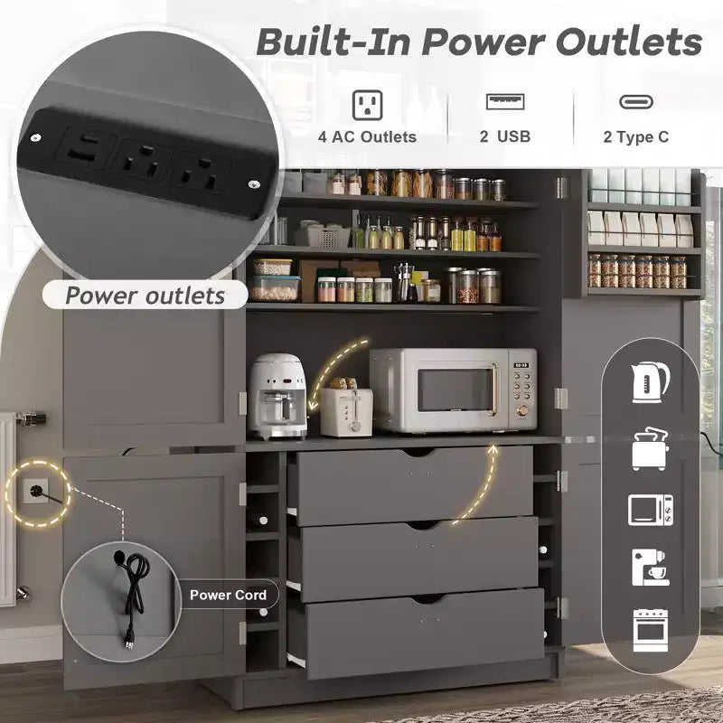Dispensa Alta da Cucina con Prese di Corrente, Grande Credenza Autoportante con Supporto per Microonde, Cassetti, Scaffali, Portabottiglie e Ante con Ripiani